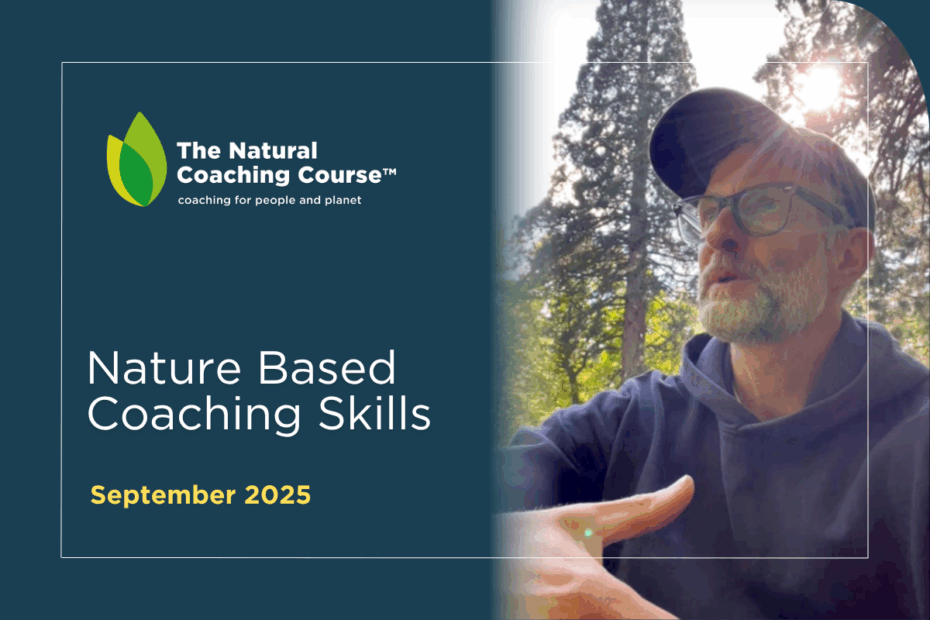 nature based coaching skills flyer with photo of james farrell and redwood trees and sunlight