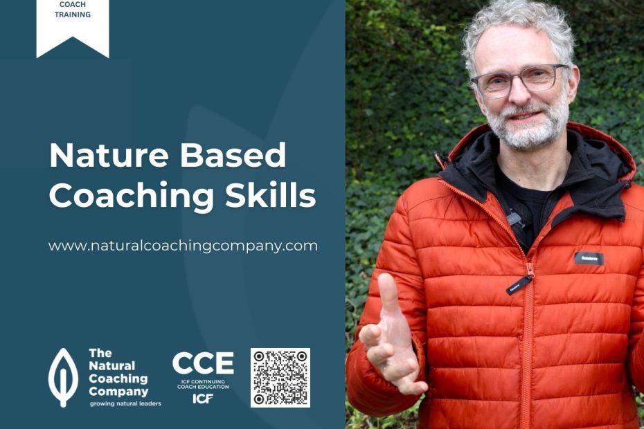 nature based coaching skills poster with man in orange coat by trees