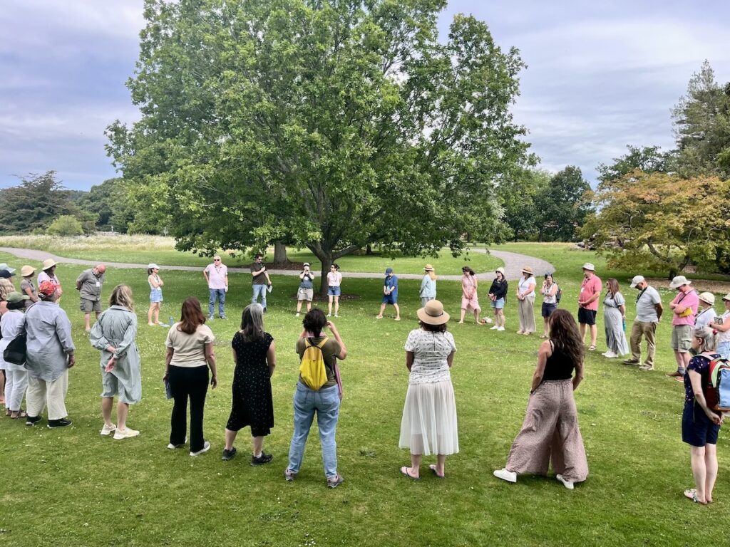 circle of people standing on grass by tall tree